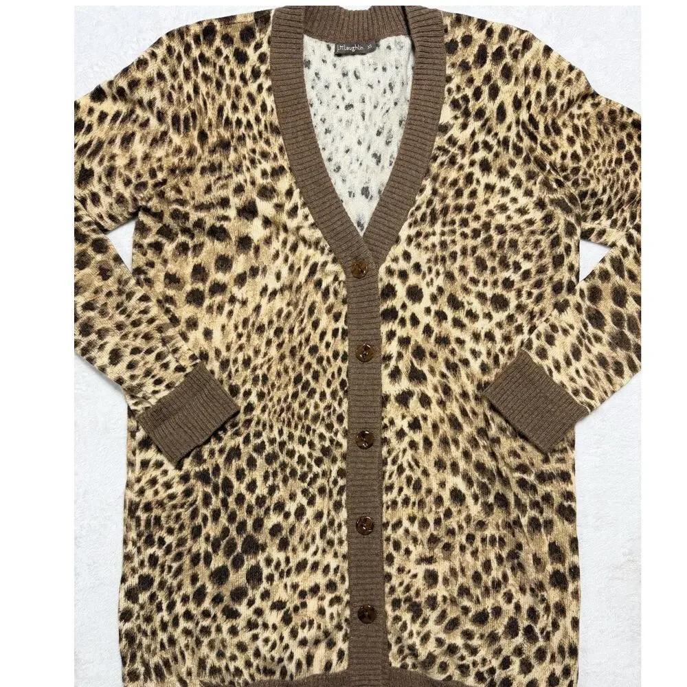 J.McLaughlin 100% Cashmere Cardigan Sweater XS Leopard Animal Print Long V-Neck
